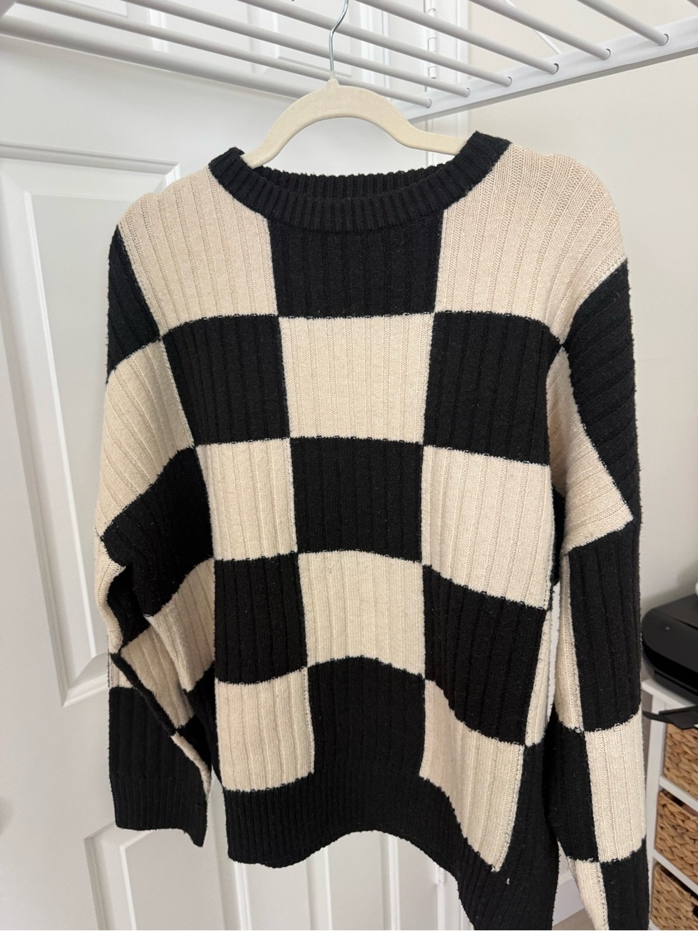 OAK + FORT Checkerboard Ribbed Crewneck Sweater - Black & Cream